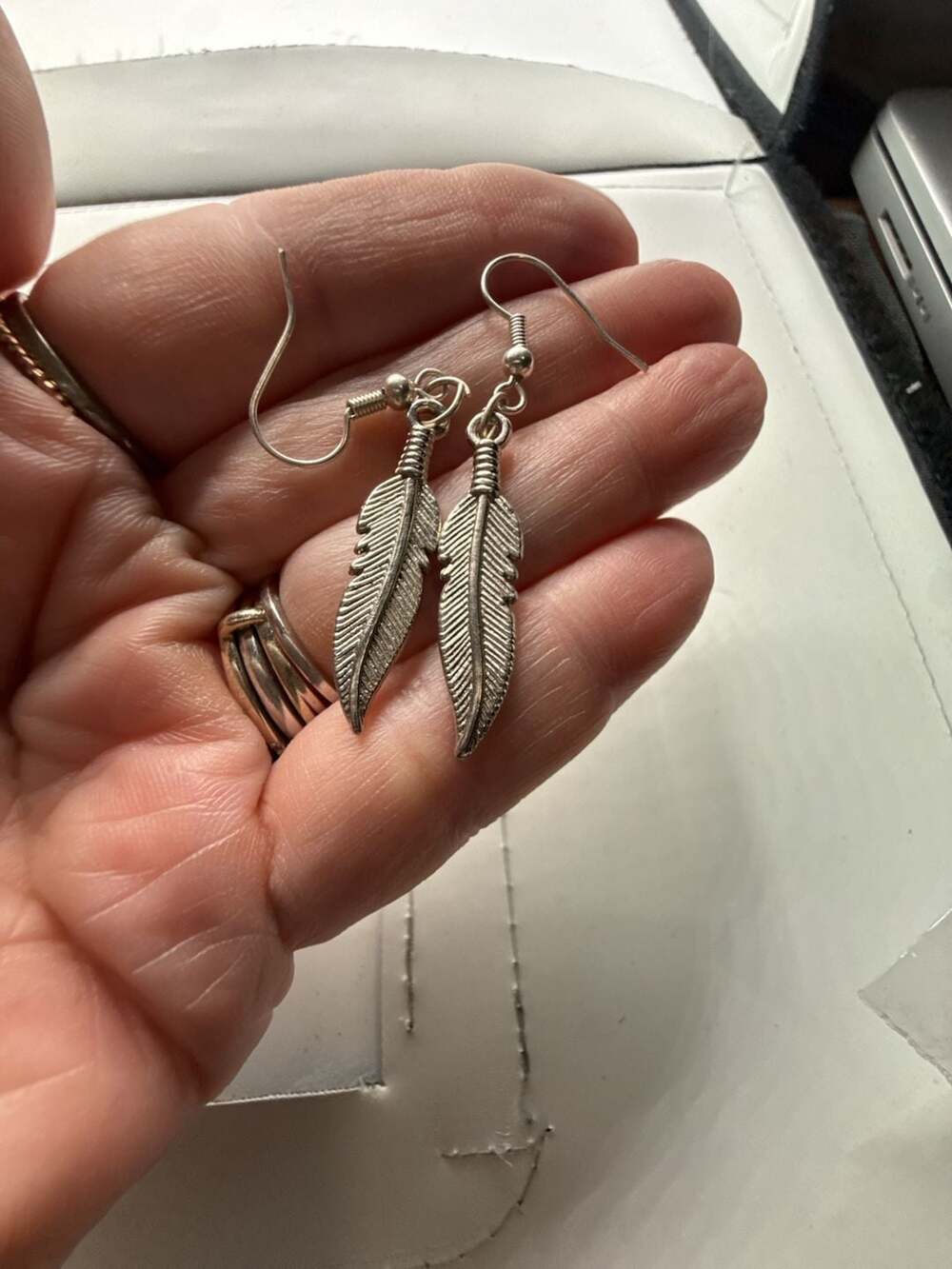 Silver Tone Metal Feather Dangle Hook Earrings